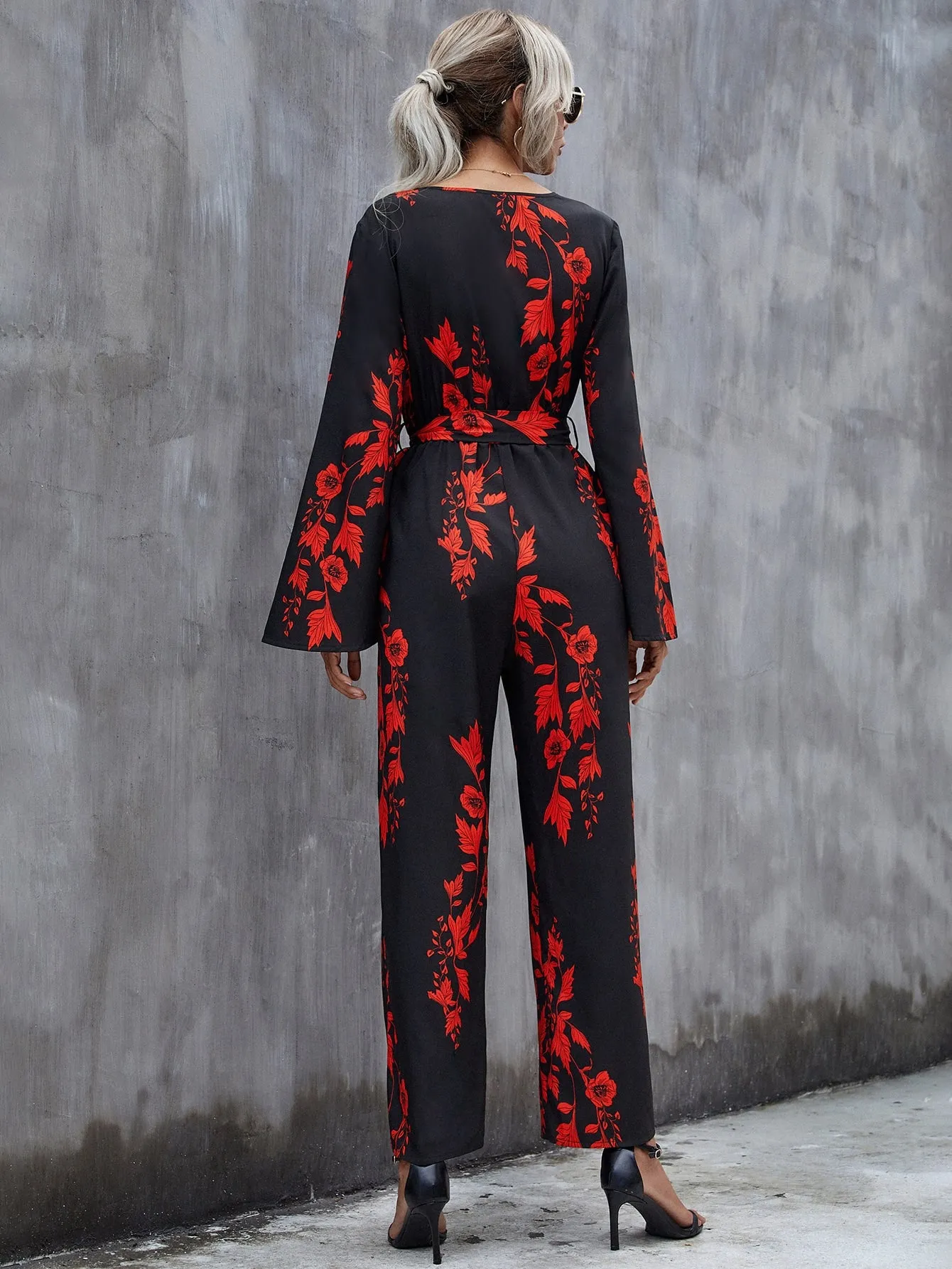 Boho Floral Wrap Long Sleeve V Neck High Waist Long Women Jumpsuit