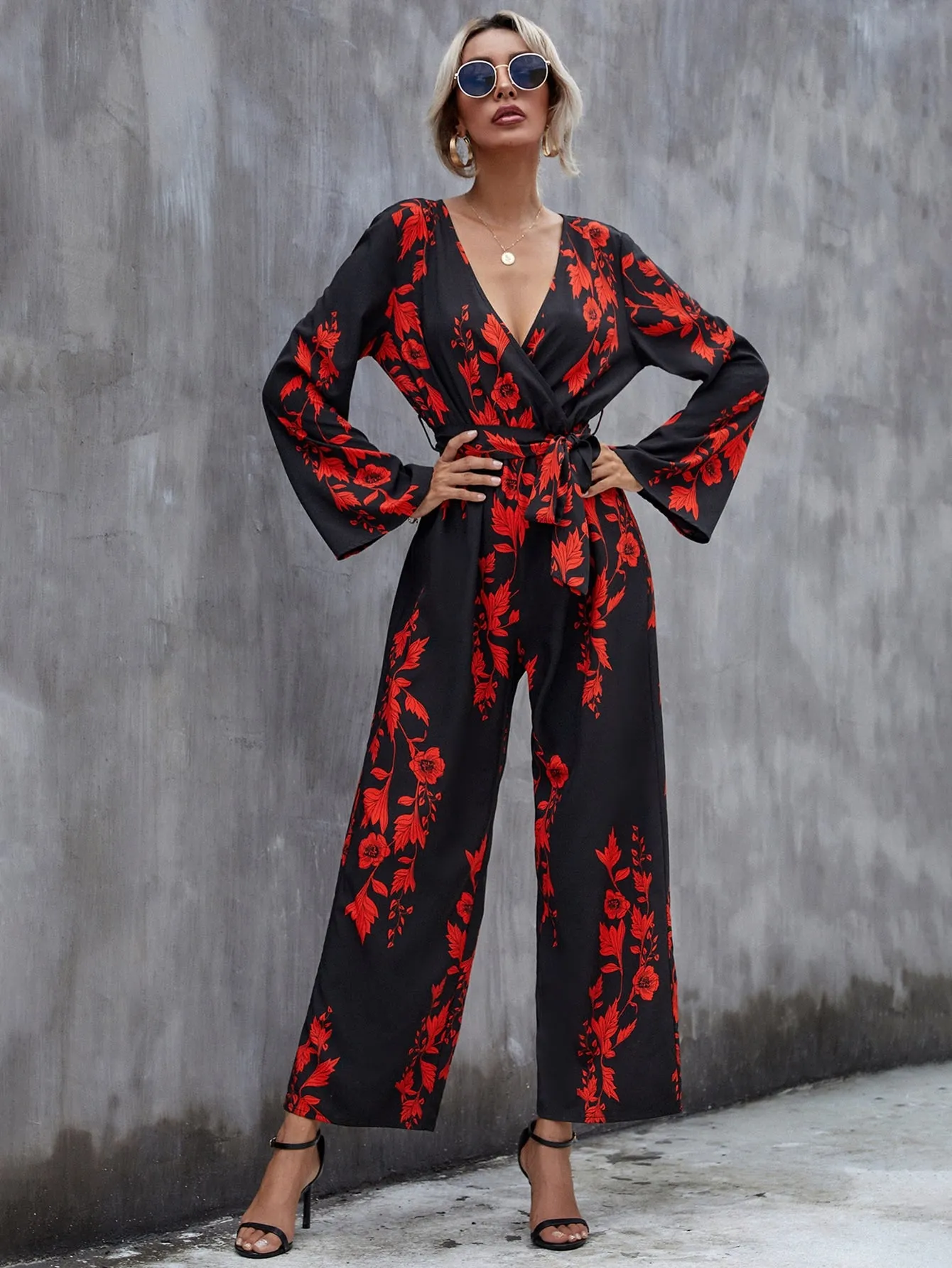Boho Floral Wrap Long Sleeve V Neck High Waist Long Women Jumpsuit