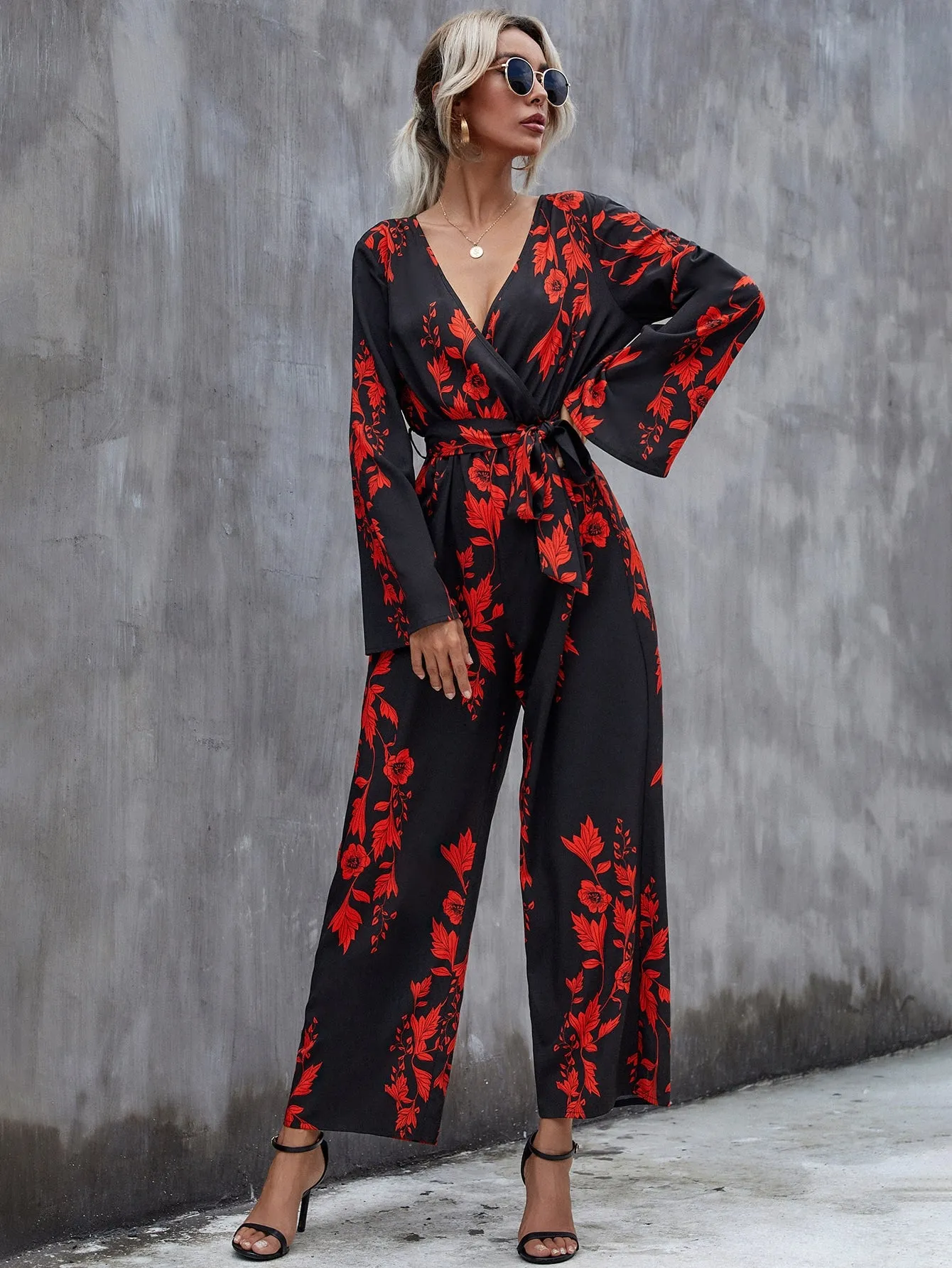 Boho Floral Wrap Long Sleeve V Neck High Waist Long Women Jumpsuit