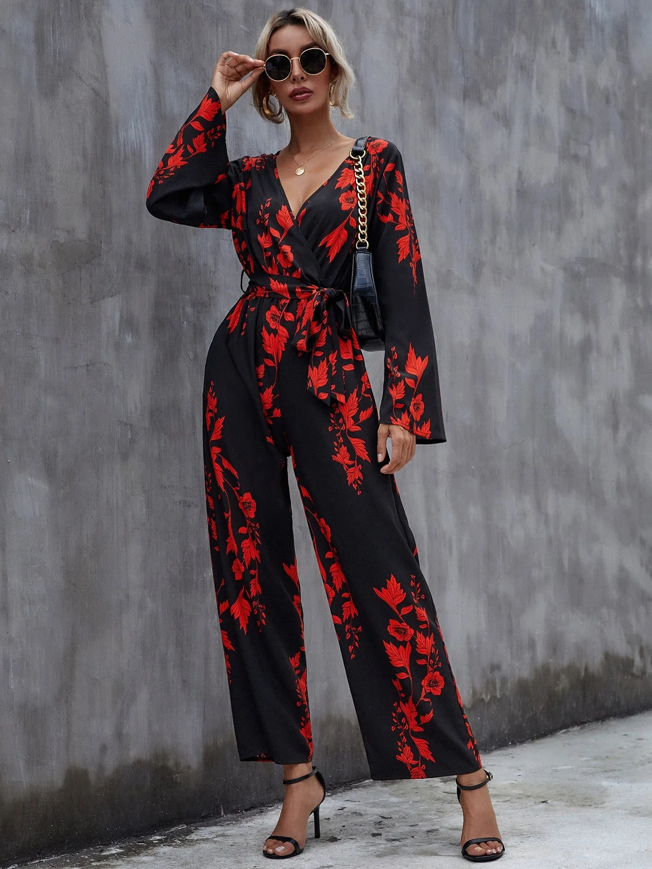 Boho Floral Wrap Long Sleeve V Neck High Waist Long Women Jumpsuit