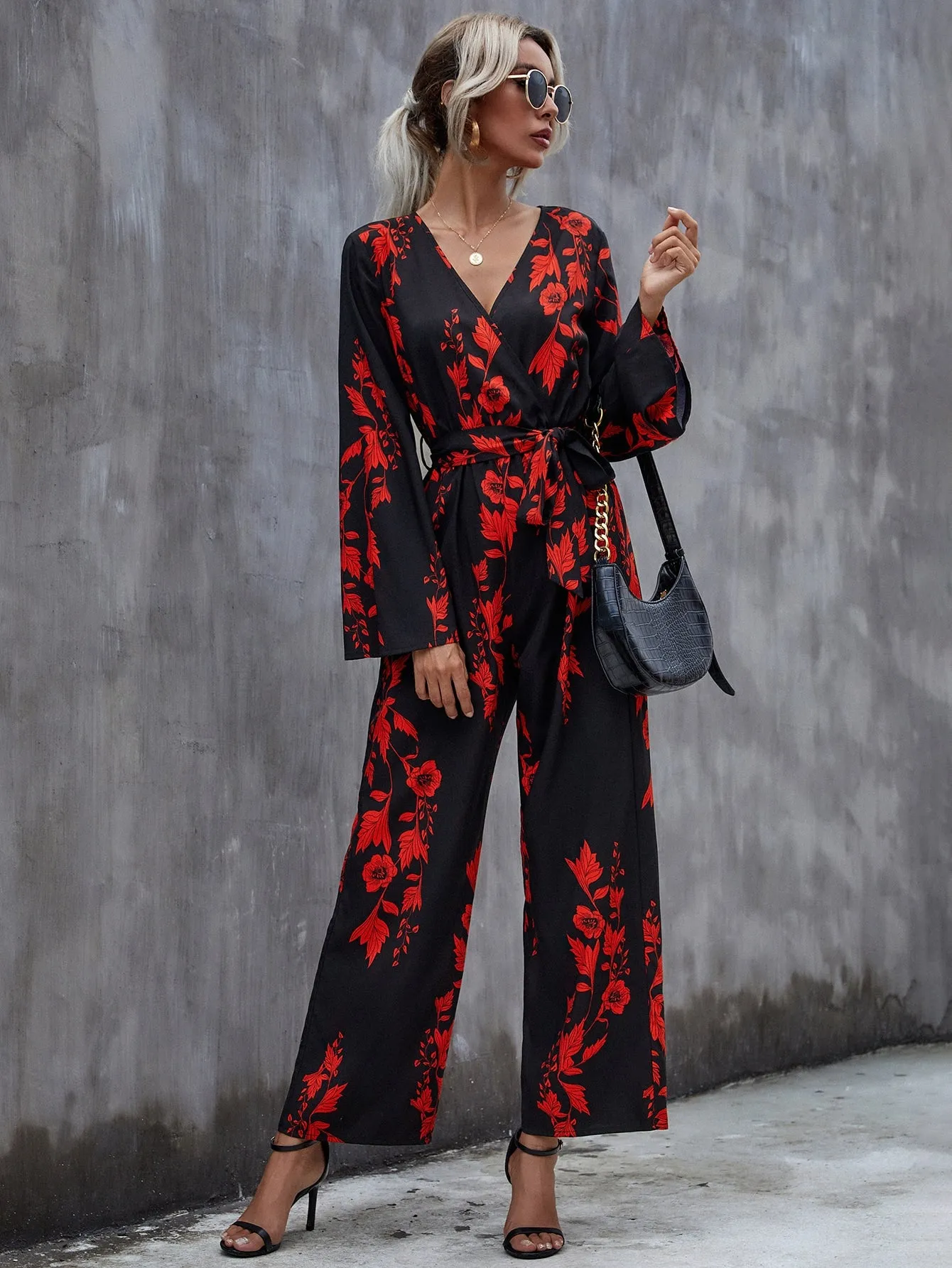 Boho Floral Wrap Long Sleeve V Neck High Waist Long Women Jumpsuit