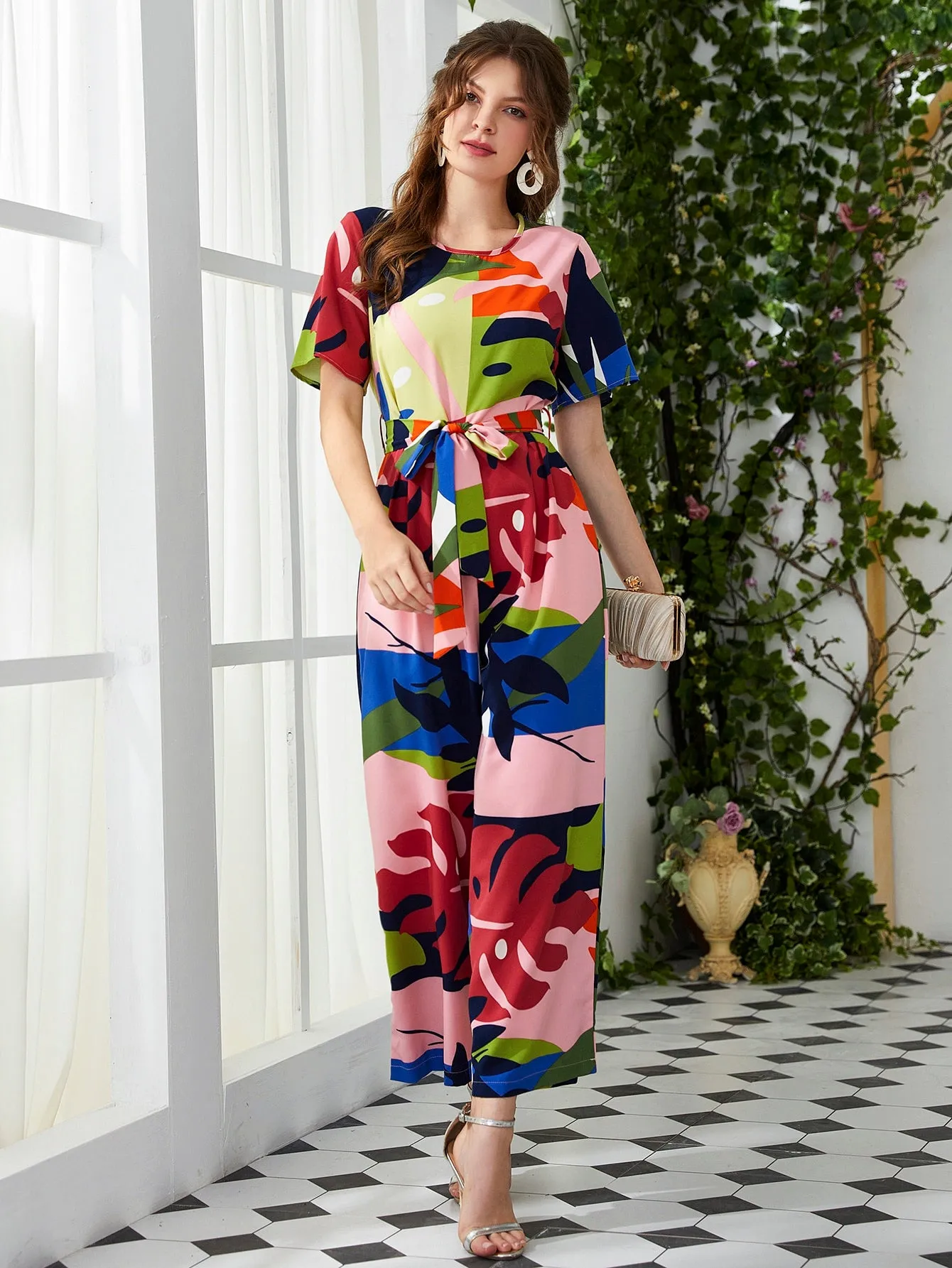 Casual Colorblock Zipper Short Sleeve Round Neck High Waist Capris Women Jumpsuit