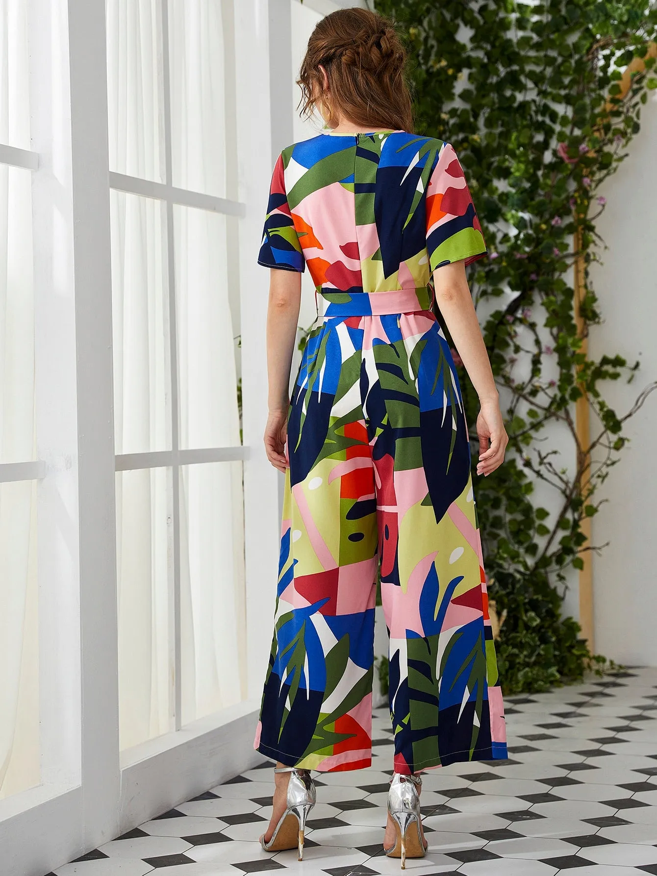 Casual Colorblock Zipper Short Sleeve Round Neck High Waist Capris Women Jumpsuit