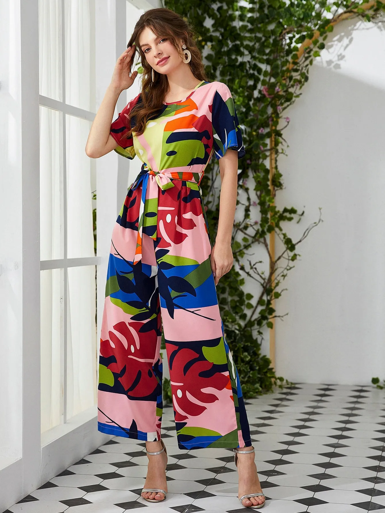 Casual Colorblock Zipper Short Sleeve Round Neck High Waist Capris Women Jumpsuit