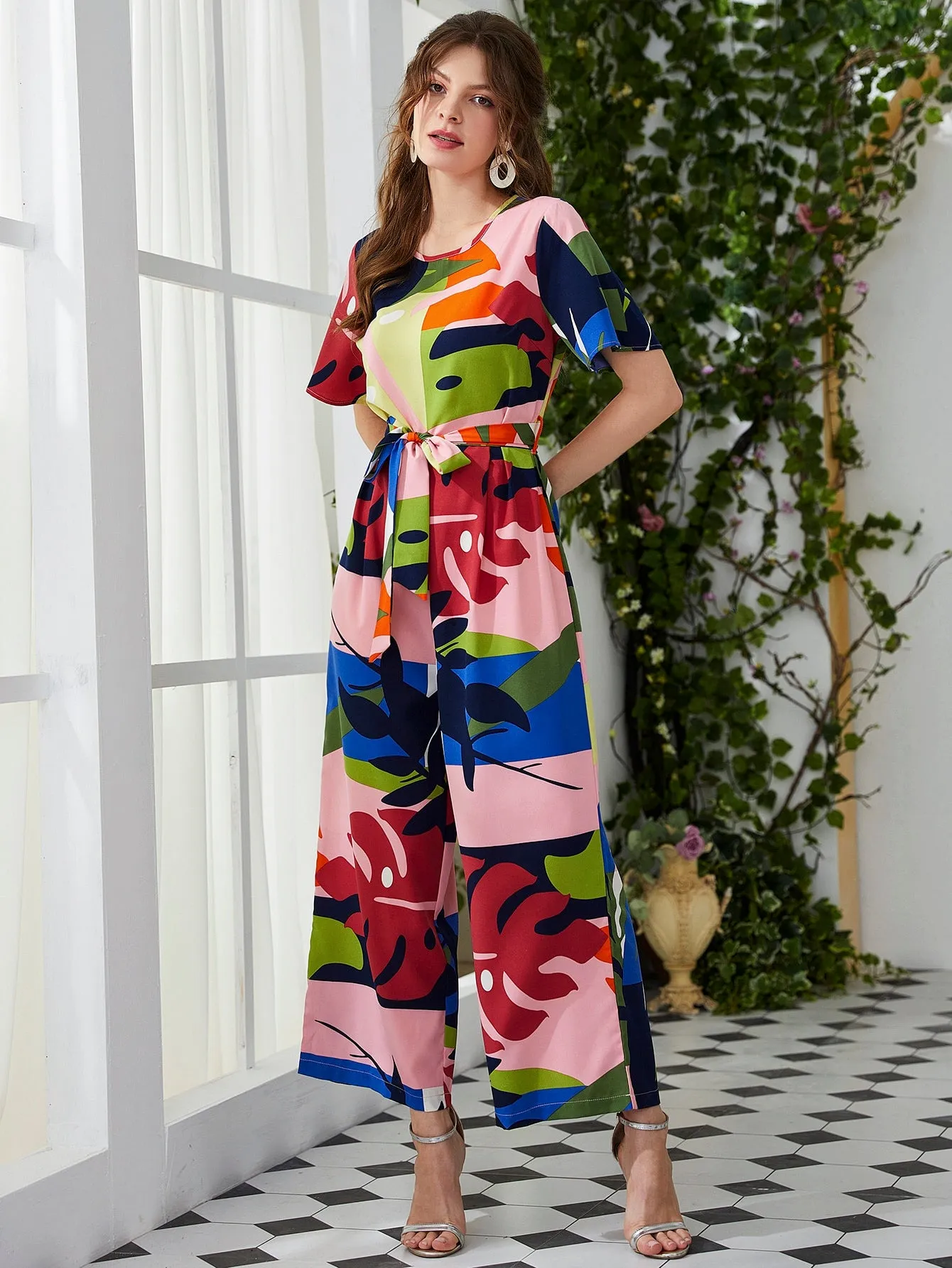 Casual Colorblock Zipper Short Sleeve Round Neck High Waist Capris Women Jumpsuit