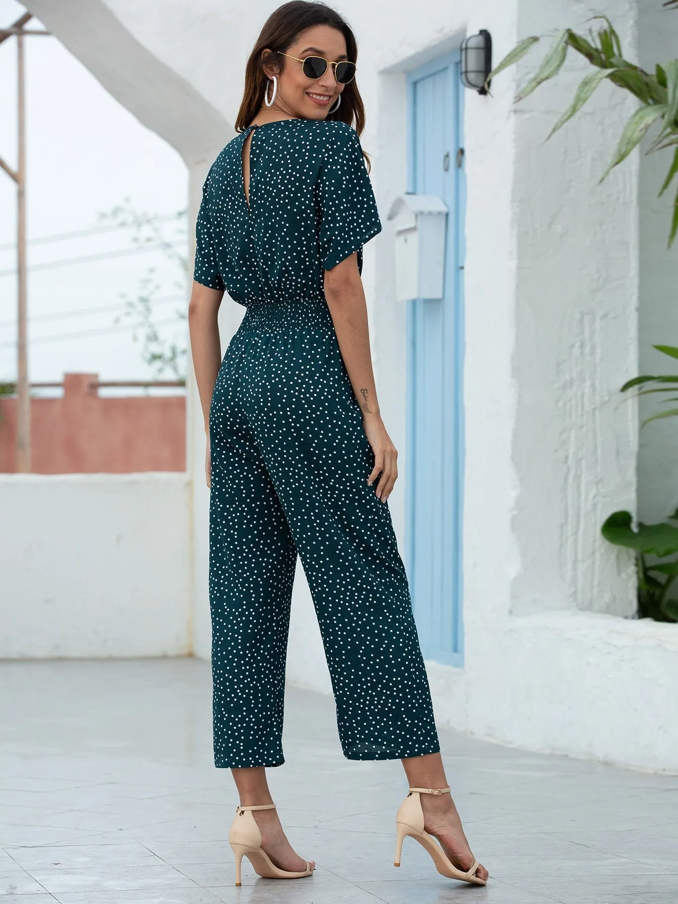 Casual Polka Dot Button Short Sleeve V Neck High Waist Long Women Jumpsuit