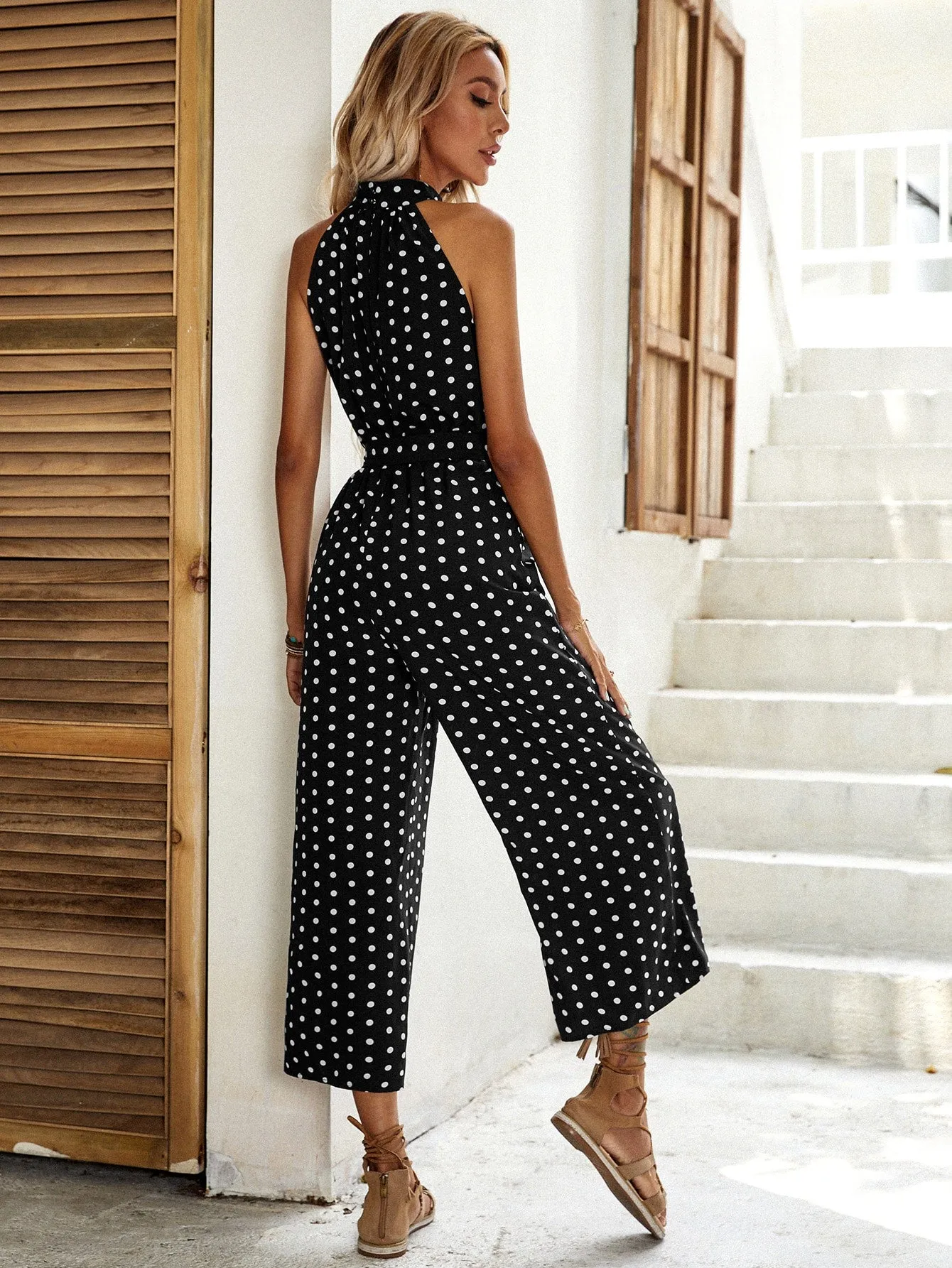 Casual Polka Dot Pocket Sleeveless Halter High Waist Capris Women Jumpsuit