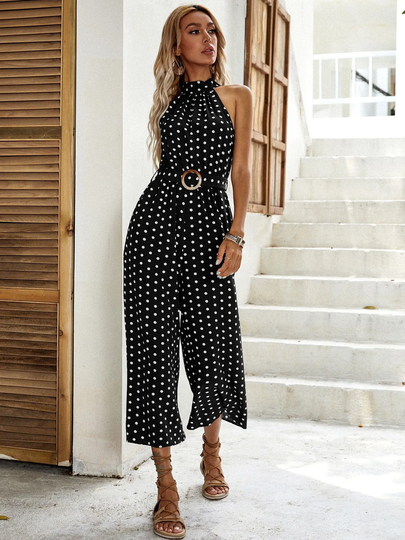 Casual Polka Dot Pocket Sleeveless Halter High Waist Capris Women Jumpsuit