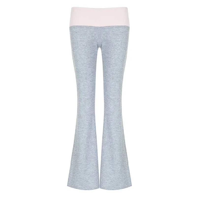 Girlary Contrast Color Fold Over Flare Long Pants Women's Low Rise Stitching Slim Trousers Hottie Balletcore Autumn Streetwear