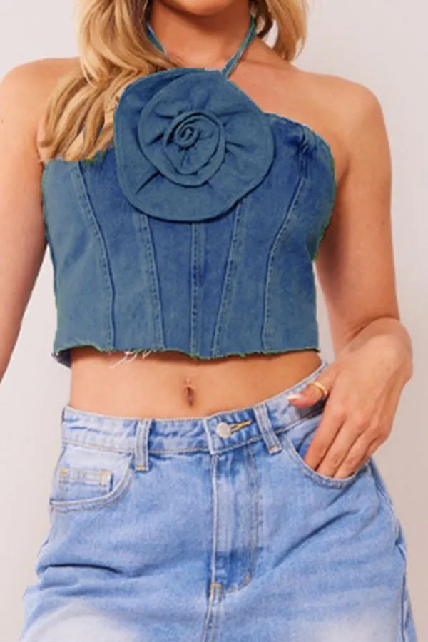 hulianfu 3D Flower Decor Halter Collar Smart Denim Camisole