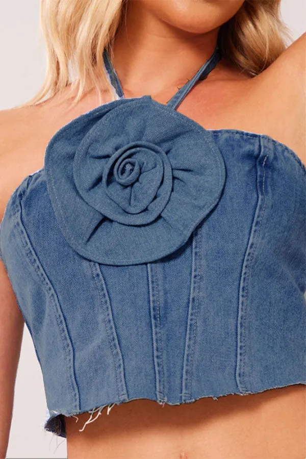 hulianfu 3D Flower Decor Halter Collar Smart Denim Camisole