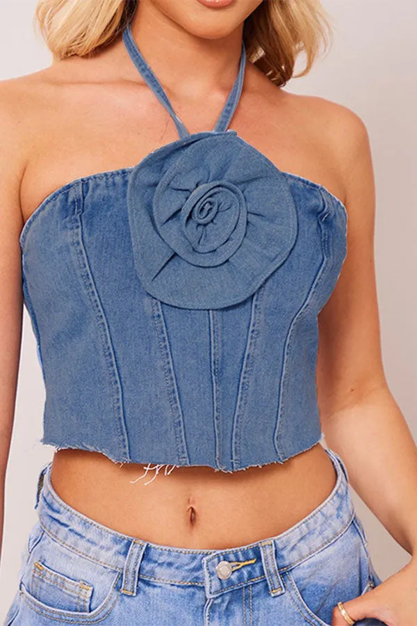 hulianfu 3D Flower Decor Halter Collar Smart Denim Camisole