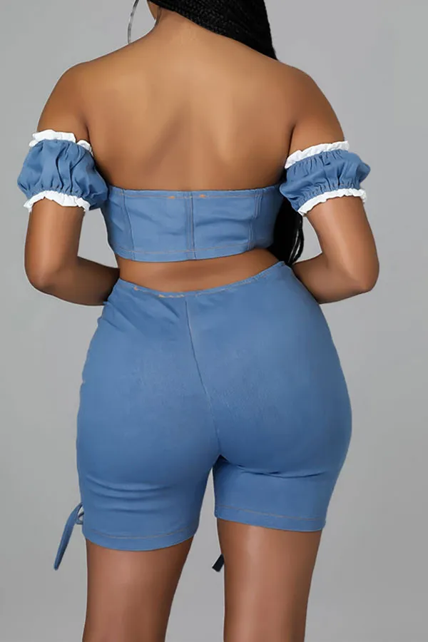 hulianfu Bandage Lace-Up Rocking Denim Pant Suit