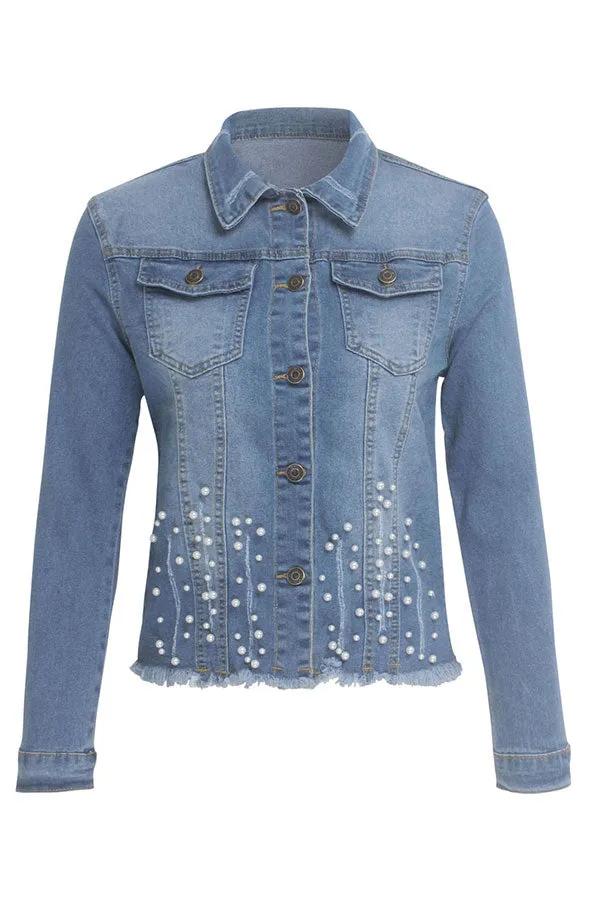 hulianfu Beaded Decor Girly Burrs Denim Coat