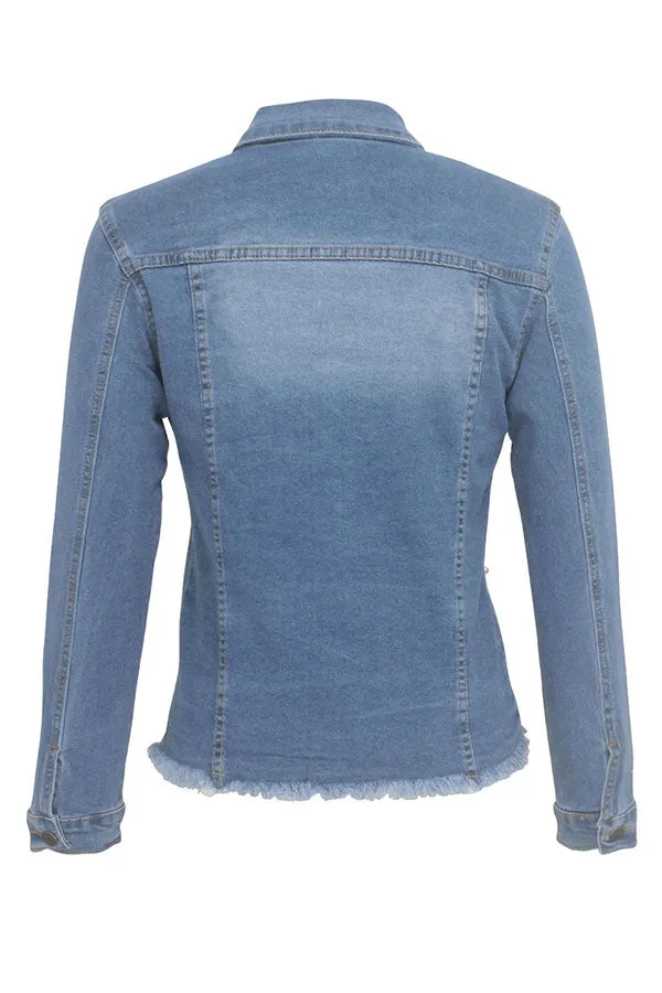 hulianfu Beaded Decor Girly Burrs Denim Coat