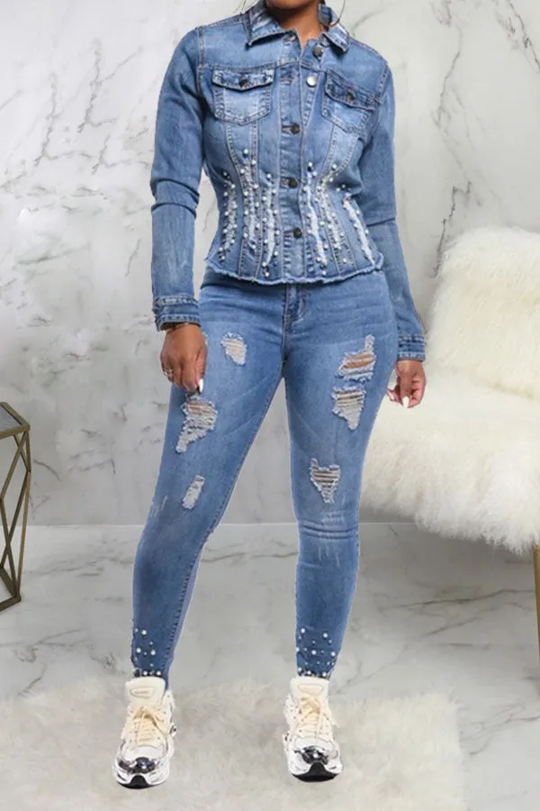 hulianfu Beaded Decor Girly Burrs Denim Coat