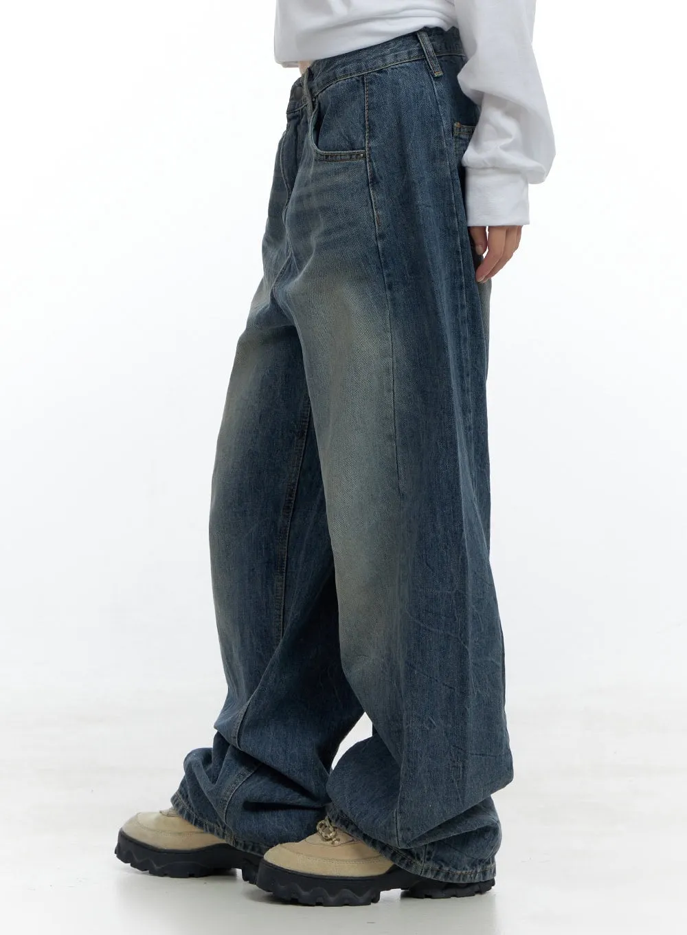Kali Side Slit Washed Denim Baggy Jeans CS419