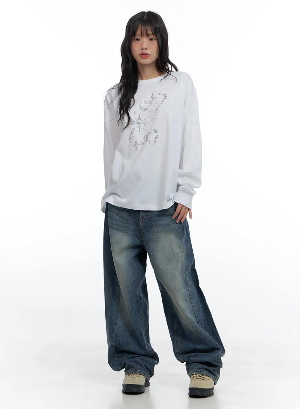 Kali Side Slit Washed Denim Baggy Jeans CS419