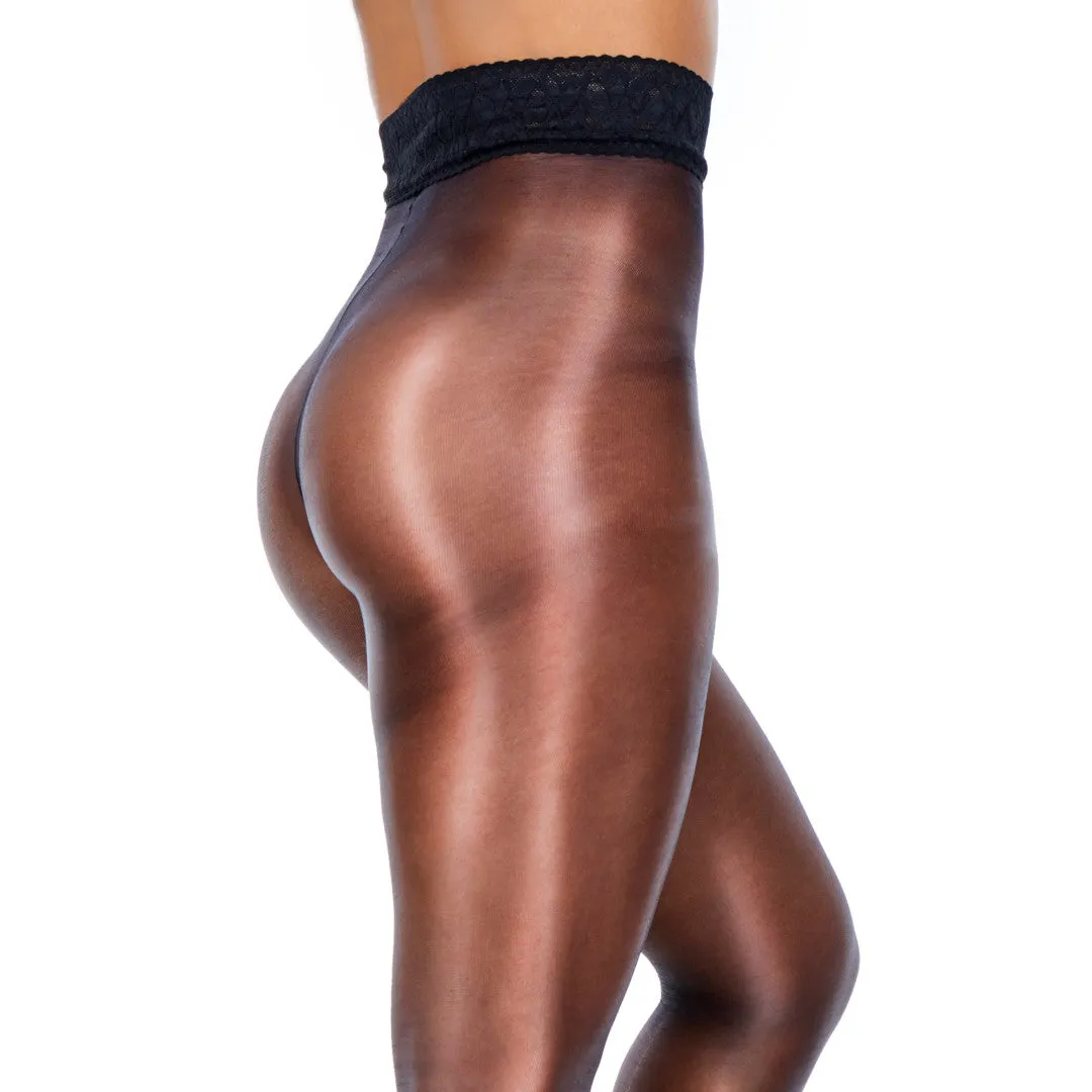 Miss Naughty Oil Look & Feel Lace Top Crotchless Tights