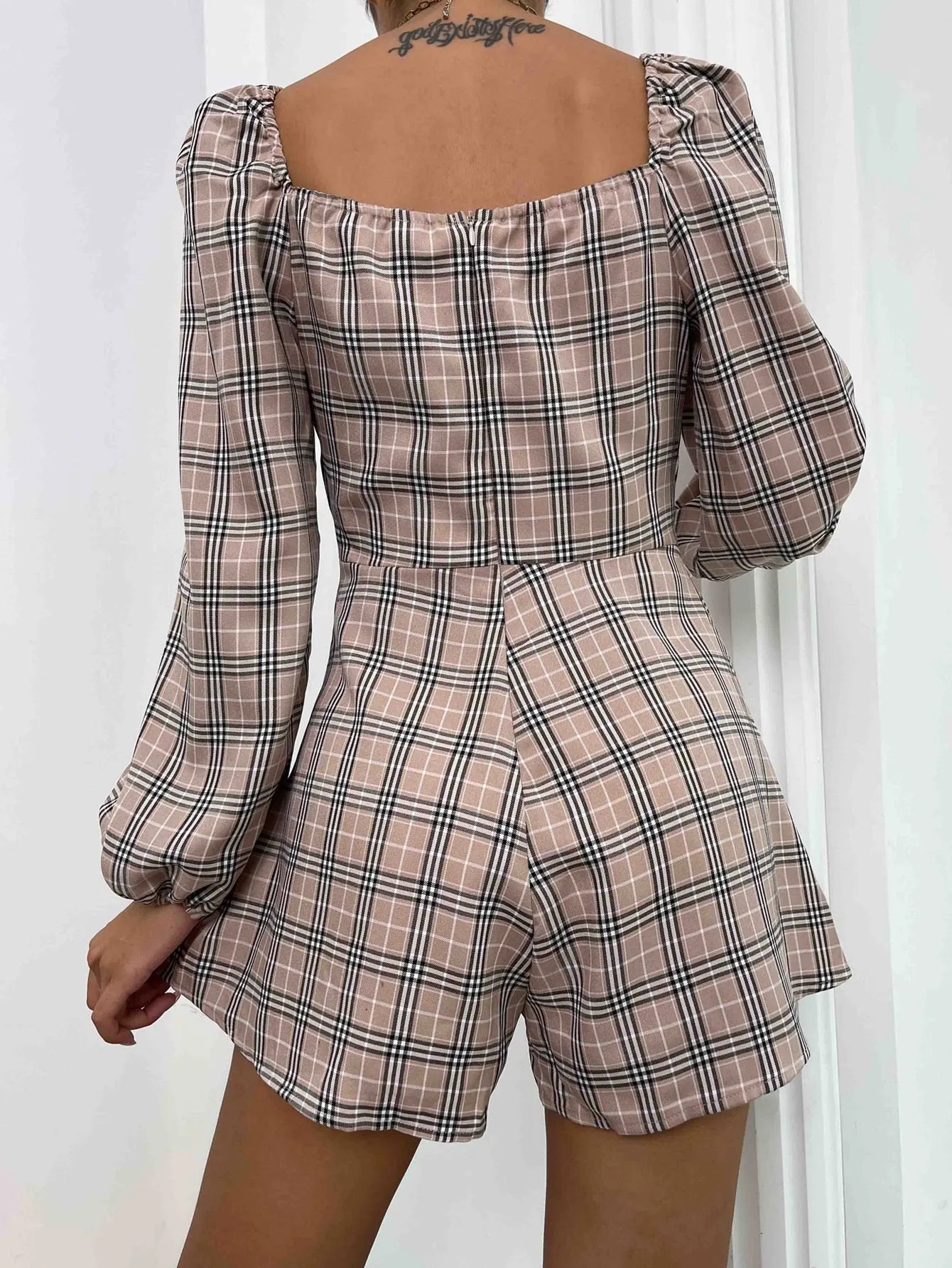 Preppy Tartan Ruched Bust Long Sleeve Scoop Neck High Waist Short Women Jumpsuit