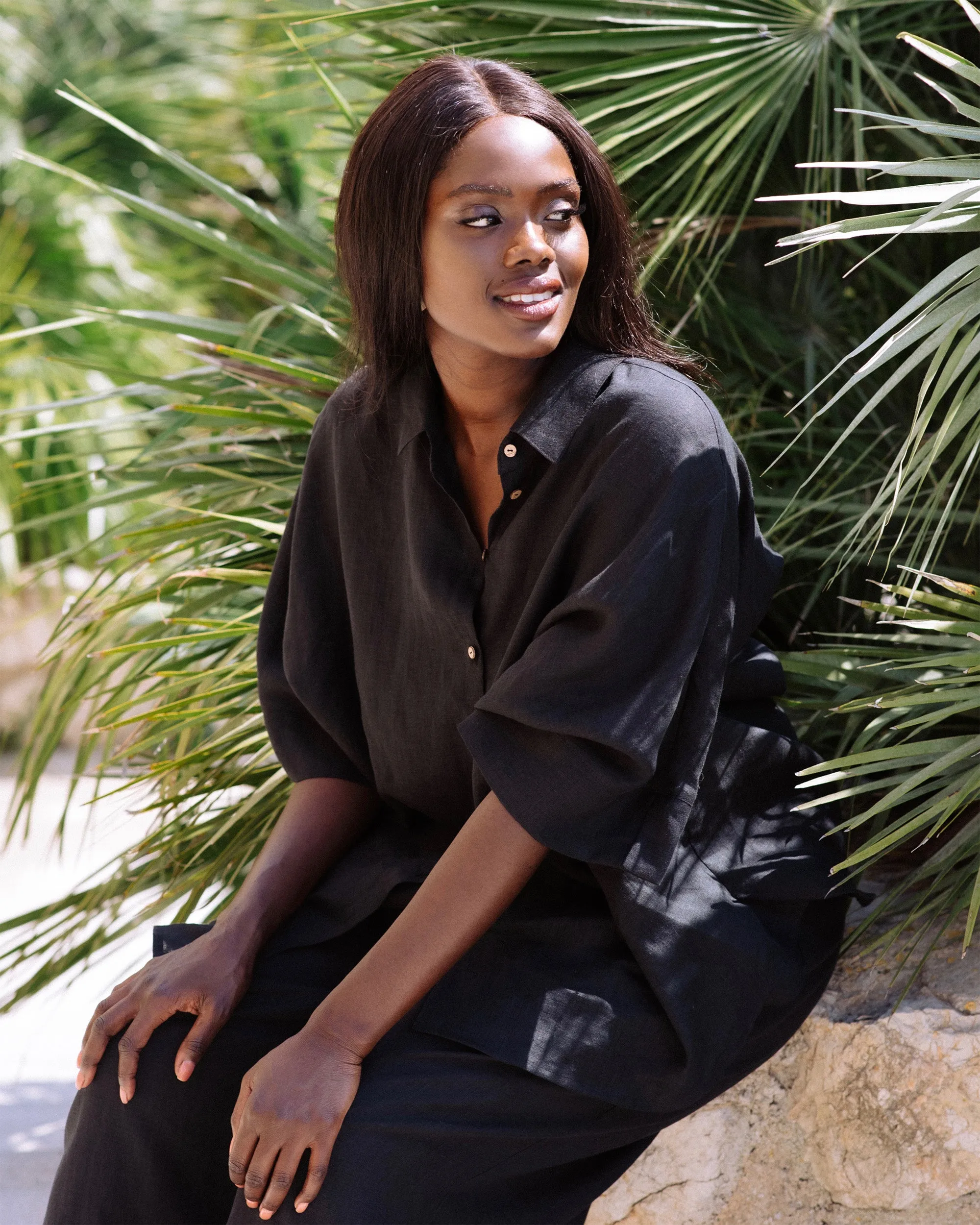 Wide leg linen culotte pants BRUNY in Black